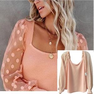 Peach Pink Long Puff Sleeve Blouse Feminine Romantic Sweetheart Style Size L